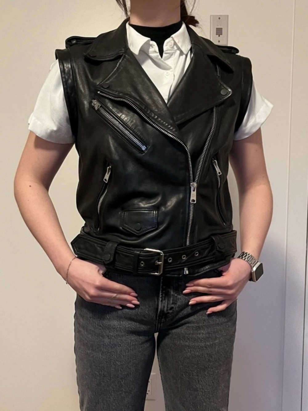 AllSaints Black Leather Biker Jacket 2 in 1 - Picture 9 of 14